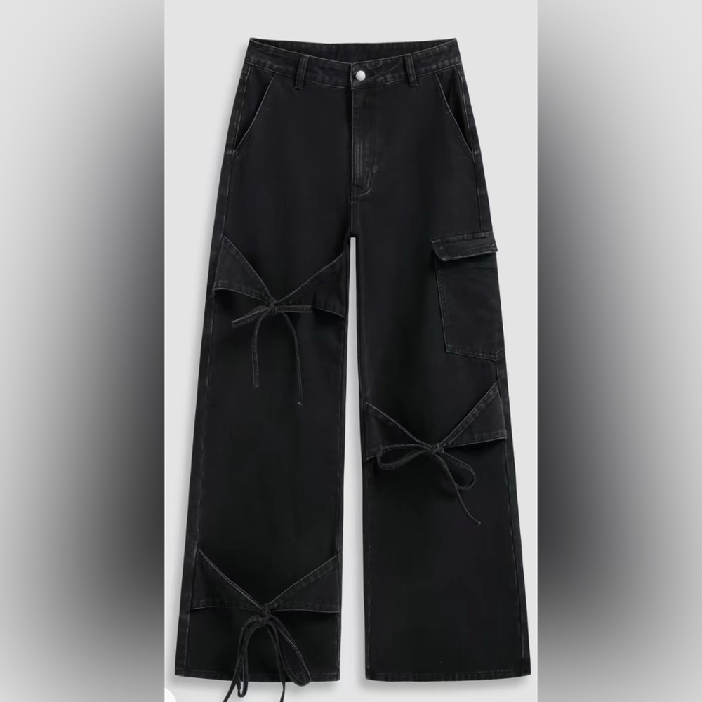 CIDER Denim Stylish Black Cargo Pants with Bow-Tie Details